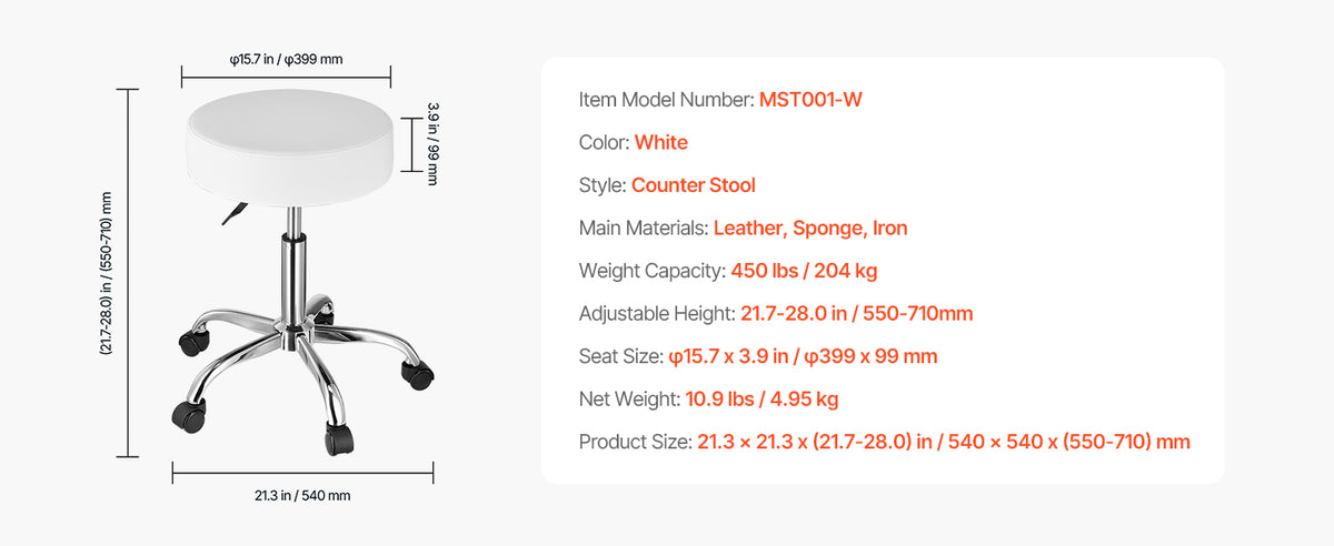 SucceBuy Rolling Stool w/ Wheels 450 LBS Weight Capacity Round Rolling Stool Chair Height Adjustable for Salon Spa Tattoo Clinic