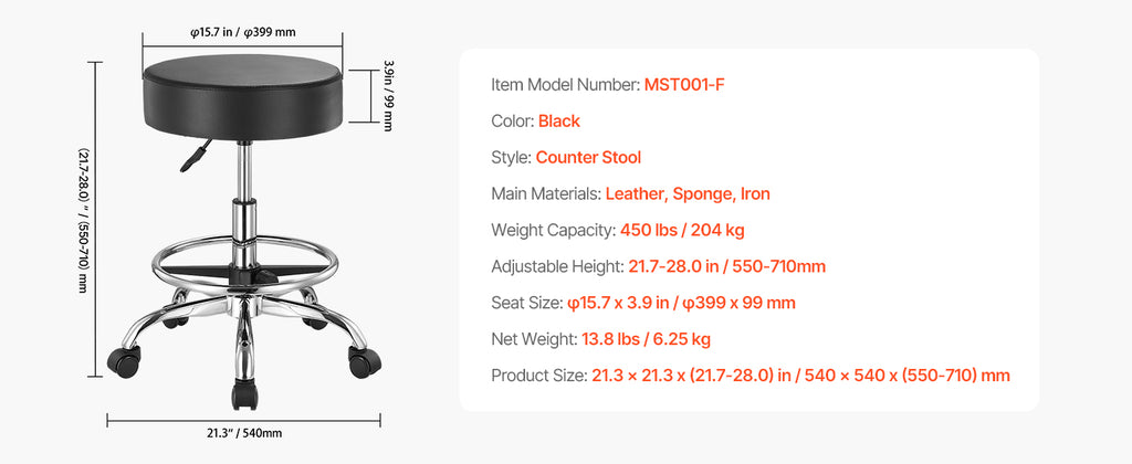 SucceBuy Rolling Stool w/ Wheels 450 LBS Weight Capacity Round Rolling Stool Chair Height Adjustable for Salon Spa Tattoo Clinic